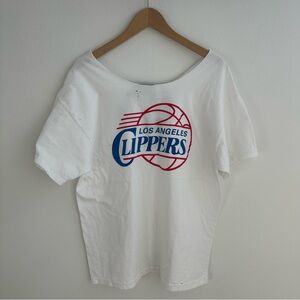 Los Angeles Clippers & LoanMart White Distressed off the shoulder T-Shirt